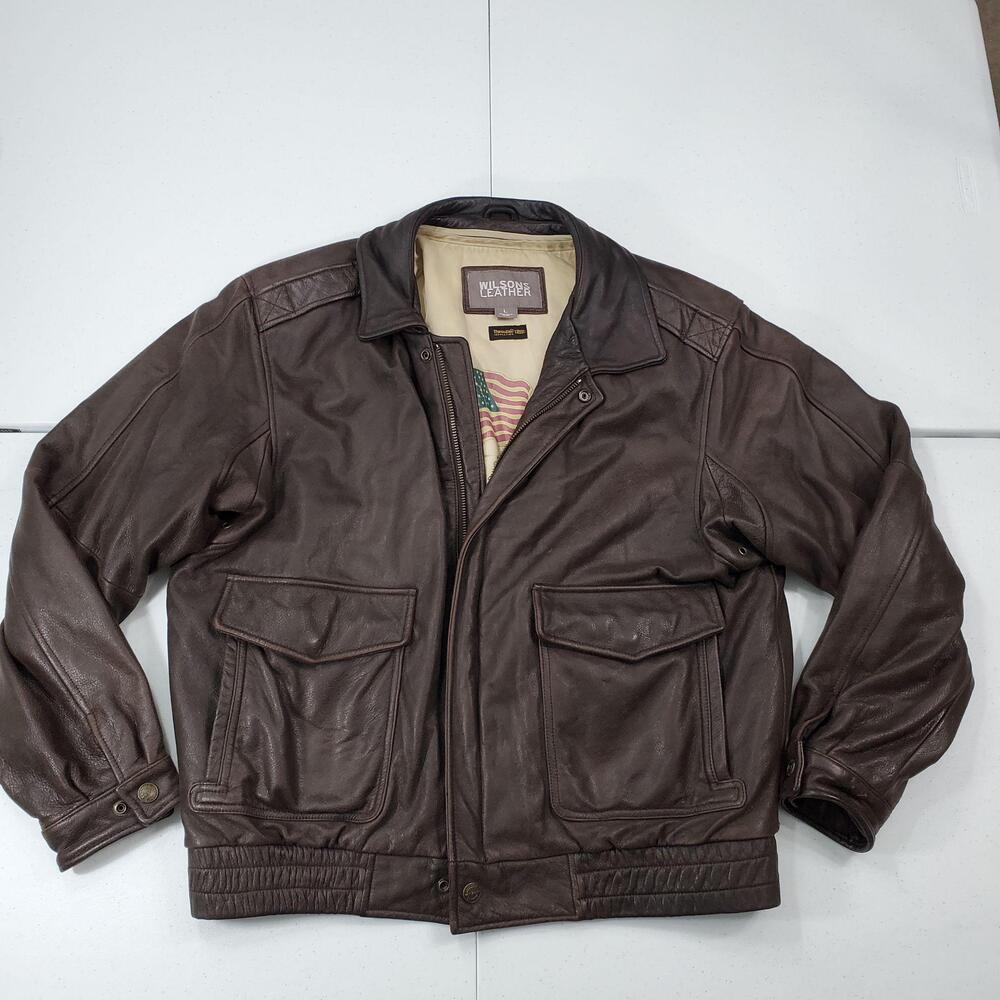 Wilsons Leather Jacket Men L Brown Bomber Thinsulate Patriotic Removable Liner